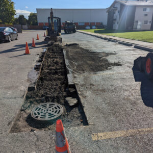 Road construction with excavator and cones